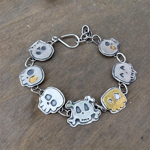 Made to Order, Sterling Silver and Gold Plated Skull Bracelet, All Different Funny Skulls, Sugar Skull Silver Bracelet - Etsy