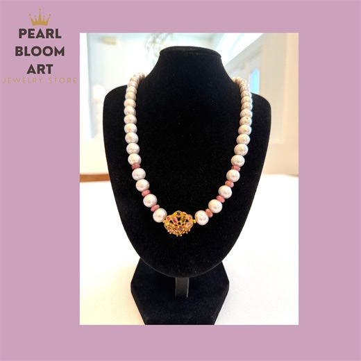 Light Gray Pearl Necklace With Pink Gemstones - Etsy