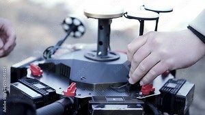 Close-up of men preparing quadcopter for flight. Clip. Men reveals details of new generation of quadrocopter to try it out in action