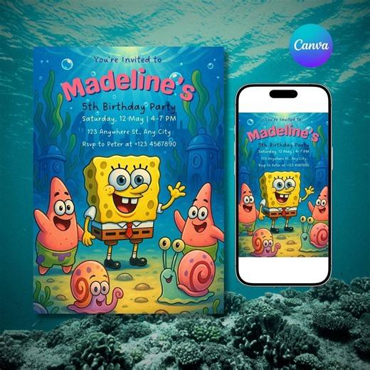 Editable Spongebob Birthday Invitation Template | Party Invitations | Printable Sponge Bob Invite | Digital Kids Invite | Instant Download - Etsy