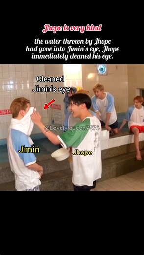 the water thrown by Jhope had gone into Jimin's eye, Jhope immediately cleaned his eye🥰 #bts