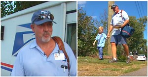 Mailman gets help on the job from 4-year-old pint-sized boy in matching outfit