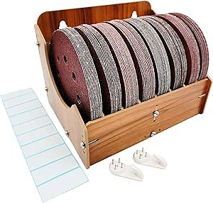 8-Tier Wooden Sandpaper Organizer Holder with Grit Labels and Traceless Hooks, 5 Inch Sanding Discs Storage Rack, Sander Tool Box Accessories (Excluding Sandpaper), Teak Color, 1 Set