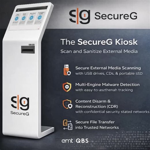emt - A QBS Technology Group Company on Instagram: "Critical Infrastructure Security for IT Leaders | @SecureG Protect trusted networks by scanning and sanitizing external media before it enters your environment. The SecureG Kiosk provides a controlled, secure entry point for files from USB drives and other portable storage—helping reduce the risk of malware and hidden threats. SecureG delivers: - Secure external media scanning for USB drives, CDs, and portable storage - Multi-engine malware det