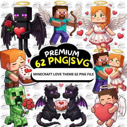 Minecraft Love Theme PNG Pack | 62 Cute Anime Clipart | Gamer Couple Heart Designs | T-shirt Sticker Mug | Instant Download - Etsy