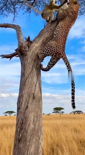 When the Leopard Climbs… Run‼️Monkey’s Last-Second Escape