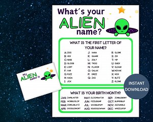 Alien Name Game Printable, What's Your Alien Name Game, Name Generator Game With Name Tags, Alien Party, Space Birthday, Alien Baby Shower - Etsy