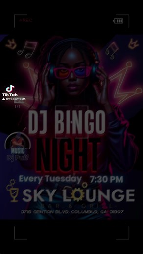Tuesdays just got a major upgrade! 🔥 Join us for DJ Bingo Night at Sky Lounge Bar & Grill . We’re spinning tracks, marking cards, and catching vibes all night long✨​📍 3716 Gentian Blvd, Columbus, GA ⏰ Starts at 7:30 PM #ColumbusGA #DJBingo #SkyLounge #tuesdayvibes #nightlife