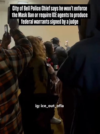 Bell Police Chief Damian Velasco said the Bell Police Department will not interfere with federal law enforcement operations; it will continue not to enforce the mask ban under SB 627 or request federal arrest warrants signed by judge