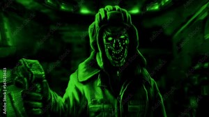 Zombie tankman with joystick in his hand. Dead commander inside tank 2D animation. Night vision. Motion graphics in horror fiction genre. Cinematic video clip in black and green background color. Stock Video