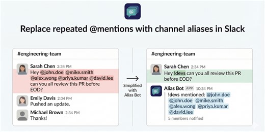Alias Bot: Replace repeated @mentions in Slack with channel aliases | Product Hunt