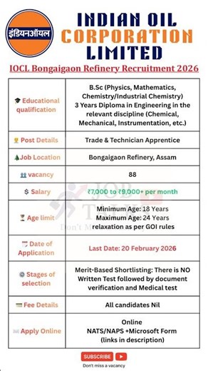 🔥 IOCL Bongaigaon Apprentice Recruitment 2026 | 88 Vacancies | No Exam | Merit Based #jobtalks4u