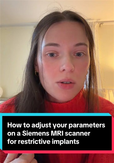 How to adjust your parameters on a Siemens MRI scanner for restrictive implants B1 rms SAR Restrictive MRI implants Siemens What can you do to reduce SAR/B1 rms?: • turn RF pulse type to: LOW SAR • turn gradient mode to: whisper • decrease flip angle (or use hyper echo) • reduce the # of slices • increase slice thickness • decrease matrix • decrease turbo factor • increase TR without changing other parameters • utilize acceleration techniques to reduce time • utilize half Fourier to reduce scan 