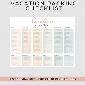 Editable Vacation Packing Checklist | Printable Packing List - Etsy