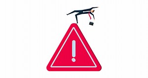 Download 4k motion design of Mistake caution, businessman slip falling on exclamation symbol beware, careful caution sign. for free