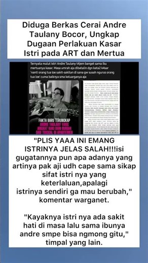 Diduga Berkas Cerai AndreTaulany Bocor, UngkapDugaan Perlakuan KasarIstri pada ART dan Mertua