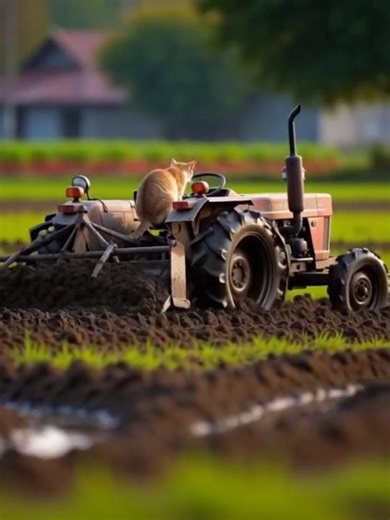 Cat With Tractor Plowing Farmland #cat #cutecat #smartcat #tractor #shorts #machine