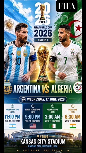 Argentina 🇦🇷 vs Algeria 🇩🇿- Fifa 17 june 2026 Match Schedule & Time - Stadium 🏟️