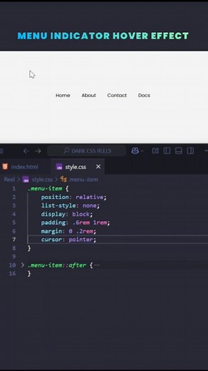 Dark CSS on Instagram: "🤠 Level up your CSS game 🔥🚀 CSS Menu Indicator Hover Effect using pure Html CSS 🎓🧑‍💻 👩‍💻 Source code is available in Website 🌐 CHECK BIO FOR WEBSITE LINK 🔗 🔴 Follow Dark CSS for more web development tips and tricks tutorials 📲🤞 🚨 Don't forget to like 👍 Share 📤 | Follow our page for latest updates [Frontend, Web design, Web development, CSS, CSS Animations, CSS Tips, CSS Tutorials] #webdevelopment #webdesign #coding #programming #htmlcss #cssmenu #menu #hov