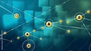 Network of connected user icons over blue geometric shapes, digital communication animation