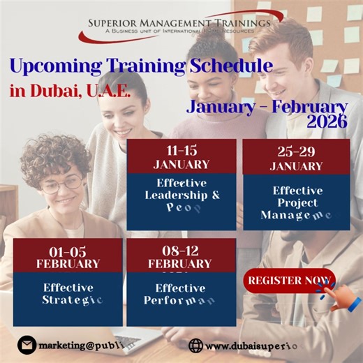 Ready to level up your career in 2026? Join SMT’s world-class management trainings in Dubai this January–February! 💼 Effective Leadership • 📊 Project Management • 🎯 Strategic Management • 📈 Performance Management Seats are limited — reserve yours today! 👉 www.dubaisuperiortraining.com | Management Training Courses in Dubai