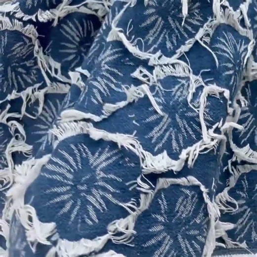 Washed Denim Fringe Cut-Out Jacquard | Textured Creative Skirt Handmade DIY Designer Fabric