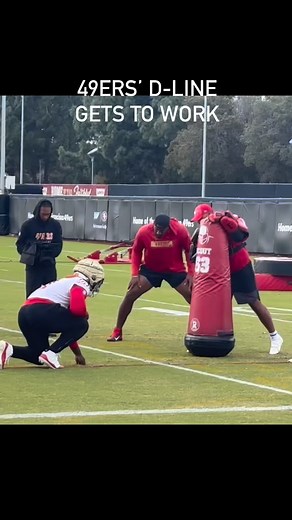 Defensive ends Sam Okuayinonu, Keion White and Clelin Ferrell work on their get-offs at the beginning of 49ers practice on Wednesday. | Matt Maiocco