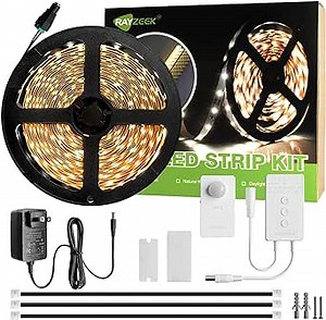 RAYZEEK Wireless Motion Senosr Under Cabinet Lights,19.7FT LED Strip Lights with UL Listed Adapter,RF Wireless Motion Sensor Control Dimmer,Timing(Warm White)