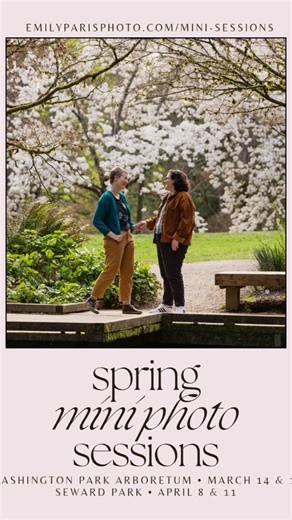SPRING MINI SESSIONS!!! Come join me to get your picture taken in the park! DETAILS 🌸 March 14 & 18 at Washington Park Arboretum 🌸 April 8 & 11 at Seward Park 🌸 20 minute-long sessions 🌸 Posing instruction and guidance 🌸 Mix of posed and candid shots 🌸 15 photos, all lightly edited 🌸 $250 🌸 link in bio for more info and booking #seattlephotographer #minisessions #portraitphotography | Emily Paris Photography