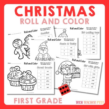 Christmas Roll and Color Math No Prep Worksheets | Kindergarten First Grade