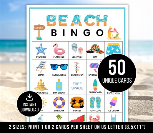 Beach Bingo, 50 Beach Day Bingo Cards, Kids Printable Bingo Game, Summer Party Game, Bingo Beach Activity, Beach Game, Printable Bingo Game - Etsy