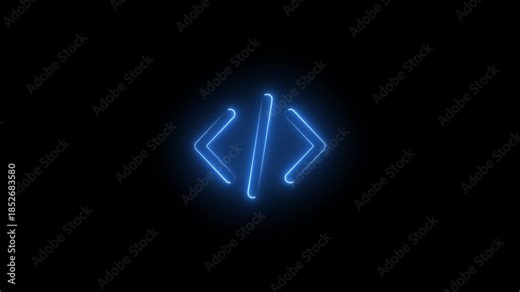 Neon coding icon animation with glowing light effect, programming and software development symbol for digital interface and technology design.