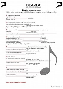 Linking words (conjunctions) in songs, worksheet, video and answer key