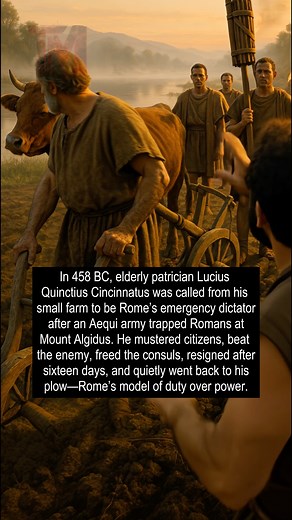 In 458 BC, elderly patrician Lucius Quinctius Cincinnatus was called from his small farm to be Rome’s emergency dictator after an Aequi army trapped Romans at Mount Algidus. He mustered citizens, beat the enemy, freed the consuls, resigned after sixteen days, and quietly went back to his plow—Rome’s model of duty over power. #romanhistory | TerrifyingMyths
