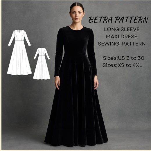 Long Sleeve Maxi Dress Sewing Pattern : Velvet Modest Dress (A4/US Letter) (digital Download) - Etsy