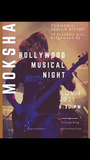 Saturday, November 1 2025 at 8:30 pm. Catch MOKSHA band perform live at Turmeric Indian Bistro in Ridgewood, NJ in a nostalgic fun filled Bollywood melodies evening. #turmericindianbistro #millburnmoksha #bollywoodmusic #bollyretro #millburnshorthillsnj | Millburn Moksha