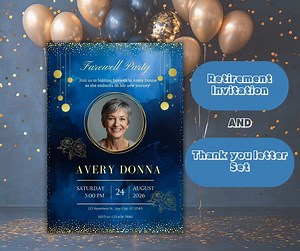Elegant Retirement Invitation & Thank You Letter Set, Dark Blue and Gold Printable Template, Retirement Party Editable Digital Download - Etsy