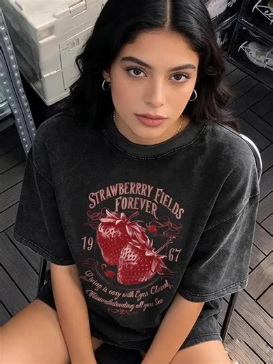 #GR Mujer002SX Blusa de Mujer Oversize Extra Grande con Cuello Redondo, Manga Corta, Estampado de Letras y Acabado Lavado, Moda Holgada logo de loro piana SX-5