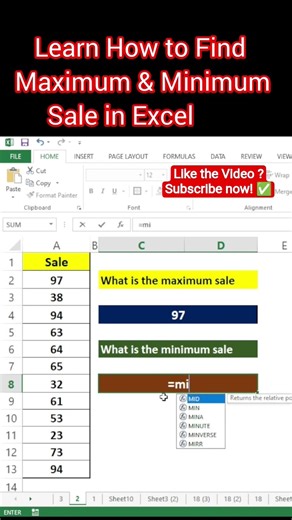 Maximum & Minimum Sale in Excel | Quick Trick#virlshort #max #min #excel #ytshorts #ytstudio
