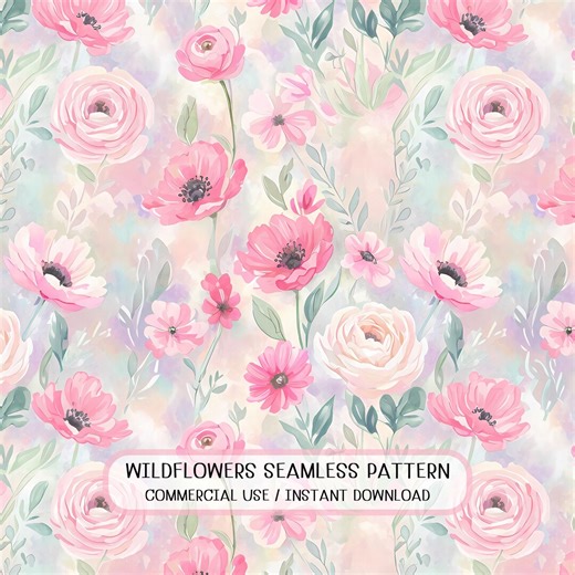 Watercolor Pink Floral Seamless Pattern: Pastel Flowers, Romantic Spring Background (digital Download) - Etsy