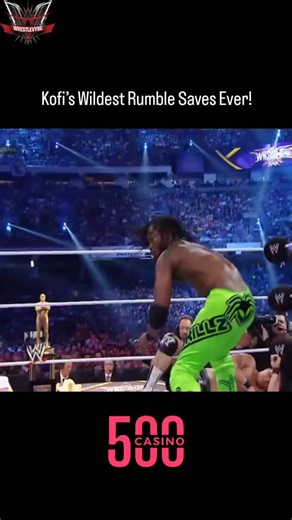 The Wrestle Pop on Instagram: "The post features a 2-minute video compilation of Kofi Kingston's acrobatic elimination saves from WWE Royal Rumble matches between 2008-2019, showcasing feats like apron cartwheels, handstands, and chair-assisted recoveries that highlight his exceptional athleticism and crowd-pleasing style. These spots originated in the 2008 Rumble when Kingston first ran across the apron to avoid falling, evolving into a signature gimmick that extended his survival time in battl