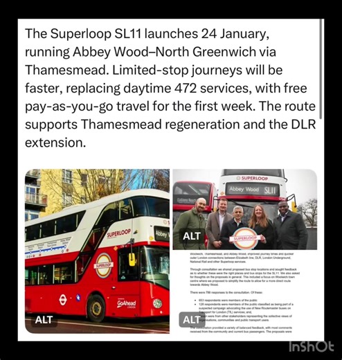 The Superloop SL11 launches 24 January, running Abbey Wood–North Greenwich
