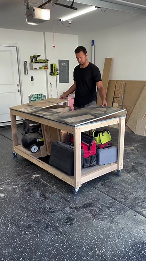 The sacrificial bench top is my favorite partnof this assembly table #assemblytable #workbench #restoration #restorationprojects #woodworkingfun #casters #fliptop #mitersaw