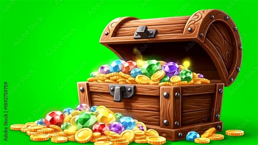 Animated treasure chest overflowing with gold coins and gems on green screen.