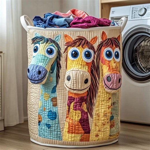 Cartoon Horse Quilted Storage Bin, Colorful Applique Laundry Basket, Whimsical Pony Hamper, Kids Nursery Decor, Horse Lover Gift Ideas - Etsy