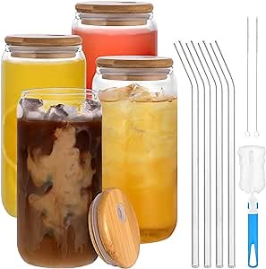 Glass Cups with Bamboo Lids and Glass Straw, Drinking Glasses Set of 4-16Oz Beer Shaped Glass Cups, Iced Coffee Glasses, Tumbler Cup for Smoothie, Cocktail, Whiskey