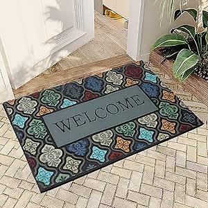 Durable Welcome Mats Outdoor 24x36 Inch Large Front Doormat Outdoor for Home Entrance Door Mat，Heavy Duty Non-Slip Rubber Outside Door Mat Entryway Floor Mats，Flower Teal