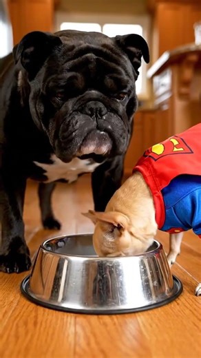 Two dogs eating. One dog judging. 😏