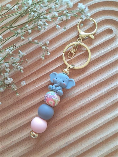 Elephant Keychain With Silicone Beads • Bag Charm • Gift • Kawaii Elephant Keychain • Silicone Beads & Floral Pattern • - Etsy