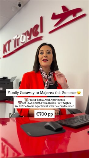 Protur Bahia Azul Apartments Cala Bona, Majorca, Balearic Islands, Spain 7 Nights 2 Adults, 2 Children under 12 OUT Sat 25 Jul 2026Dublin – Palma de Mallorca Depart: 14:35Arrive: 18:25 RTN Sat 1 Aug 2026Palma de Mallorca– Dublin Depart: 11:10Arrive: 13:05 4× 20kg luggageIncluded Room & Board 1× 2 Bedroom Apartment with BalconyIncluded Self CateringIncluded Extras Coach TransferIncluded | KT Travel Dundalk